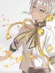  1boy absurdres asa_no_ha_(pattern) bell blurry braid commentary crown_braid hair_bell hair_ornament half-closed_eyes highres iori_yuzuru male_focus neck_bell necktie parted_lips petals r_grey1204 rope shirt silver_hair solo voiceroid white_shirt yellow_eyes yellow_necktie 