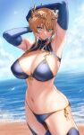  1girl absurdres aqua_eyes armpits arms_up artoria_pendragon_(fate) bangs bare_shoulders bikini blonde_hair blue_bikini blue_gloves blue_legwear blue_sky blush breasts character_request cleavage closed_mouth cowboy_shot crown day elbow_gloves eyebrows_visible_through_hair fate/grand_order fate_(series) front-tie_bikini front-tie_top gloves highres large_breasts looking_at_viewer navel ocean outdoors ribbon short_hair_with_long_locks side-tie_bikini sidelocks sky smile solo stomach swimsuit thighhighs ulrich_(tagaragakuin) water yellow_ribbon 