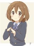  1girl bangs blue_jacket blue_ribbon blush brown_eyes brown_hair closed_mouth commentary_request hair_between_eyes hair_ornament hairclip hands_up hirasawa_yui jacket k-on! letterboxed long_sleeves looking_at_viewer ma-2_(konkon_kitakitsune) medium_hair neck_ribbon outside_border ribbon sakuragaoka_high_school_uniform school_uniform signature simple_background smile solo upper_body 