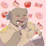  2022 anthro blush brown_body cake candy clothing dessert doughnut eyes_closed food hi_res humanoid_hands kemono male mammal overweight overweight_male shirt solo suid suina sus_(pig) topwear whitebeast20 wild_boar 