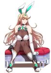  1girl absurdres animal_ears bangs bare_shoulders blonde_hair blush breasts chest_jewel fake_animal_ears highres large_breasts long_hair looking_to_the_side mythra_(xenoblade) open_mouth playboy_bunny rabbit_ears sitting solo swept_bangs tiara torahime_(roland00) xenoblade_chronicles_(series) xenoblade_chronicles_2 yellow_eyes 
