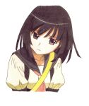  1girl bangs brown_eyes brown_hair brown_sailor_collar closed_mouth colored_pencil_(medium) commentary_request eyebrows_behind_hair jinjin-roririn looking_at_viewer monogatari_(series) neckerchief puffy_short_sleeves puffy_sleeves red_neckerchief sailor_collar sengoku_nadeko short_hair short_sleeves simple_background solo traditional_media upper_body white_background 