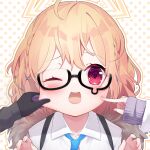  1girl absurdres blonde_hair blue_archive blush cal_minutes cheek_pinching cheek_poking commentary_request glasses halo highres jacket kotori_(blue_archive) looking_at_viewer necktie open_mouth pinching poking polka_dot polka_dot_background portrait red_eyes short_hair solo_focus 