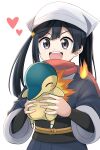  1girl :d absurdres akari_(pokemon) black_eyes black_hair cyndaquil head_scarf heart highres japanese_clothes long_hair love_live! love_live!_nijigasaki_high_school_idol_club obi open_mouth pokemon pokemon_(game) pokemon_legends:_arceus red_scarf sash scarf ska.harumi smile teeth upper_body upper_teeth v-shaped_eyebrows white_headwear yuuki_setsuna_(love_live!) 