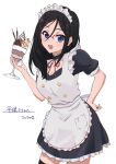 1girl apron black_dress black_hair black_legwear blue_eyes blush breasts choker cleavage cup dress food glasses hand_on_hip hand_up hibike!_euphonium highres holding holding_cup ice_cream long_hair looking_at_viewer maid maid_apron maid_headdress neck_ribbon open_mouth red-framed_eyewear red_ribbon ribbon sakurayama_(59_sakurayama) short_sleeves simple_background solo standing sundae tanaka_asuka thighhighs white_apron white_background zettai_ryouiki 