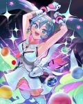  1girl armpits arms_up bangs blue_eyes blue_hair blush commentary diffraction_spikes earth_(planet) full_body gloves hair_between_eyes hatsune_miku jumping long_hair looking_at_viewer open_mouth planet ringlets skirt solar_system solo swept_bangs thighhighs twintails vocaloid white_gloves white_legwear white_skirt yooki_(winter_cakes) 