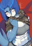  1girl abs artist_name bangs blue_hair blush breasts calvin_klein camouflage camouflage_shirt cleavage cowboy_shot fish_girl hand_up highres large_breasts monster_girl muscular muscular_female navel original red_background shirt short_hair solo sparrowl sweat tail white_eyes 