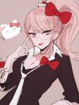  16_(0xhsk16) 1girl alternate_hairstyle bangs bespectacled blue_eyes bow breasts brown_background cat_hair_ornament choker cleavage danganronpa:_trigger_happy_havoc danganronpa_(series) enoshima_junko glasses hair_bow hair_ornament hand_up hello_kitty long_hair necktie red_bow simple_background sketch skirt smile solo tongue tongue_out twintails upper_body white_necktie 