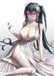  1girl azur_lane backless_dress backless_outfit bare_shoulders bird black_hair blue_bird breasts center_opening cocktail_dress dress earrings evening_gown hair_between_eyes hair_ornament hair_strand high_heels highres huge_breasts hummingbird jewelry naga_(pixiv70891418) necklace official_alternate_costume plunging_neckline red_eyes satin_dress shoes silver_footwear simple_background sleeveless sleeveless_dress solo taihou_(azur_lane) taihou_(temptation_on_the_sea_breeze)_(azur_lane) thighhighs wedding_dress white_background white_dress white_garter_straps white_legwear 