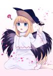  1girl ? absurdres barefoot black_headwear blonde_hair blue_eyes blush cosplay eyebrows_visible_through_hair fairy fairy_wings hat highres kaisenpurin lily_white long_hair matara_okina matara_okina_(cosplay) open_mouth petals shirt skirt solo touhou white_shirt white_skirt wings 