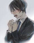  1boy absurdres black_hair blue_necktie blush commentary crying formal glasses headphones headset highres hiyama_kiyoteru male_focus necktie open_mouth r_grey1204 shirt solo suit tears upper_body vocaloid white_shirt 