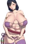  1girl absurdres bangs bikini breasts choker collarbone cosplay eyepatch_bikini fat fate/grand_order fate_(series) highres huge_breasts minamoto_no_raikou_(fate) minamoto_no_raikou_(swimsuit_lancer)_(fate) minamoto_no_raikou_(swimsuit_lancer)_(fate)_(cosplay) mole mole_under_eye navel nohohon_pictures original parted_bangs purple_bikini purple_eyes purple_hair purple_legwear sagging_breasts short_hair side-tie_bikini solo strapless strapless_bikini swimsuit thighhighs 