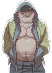  2022 anthro belly blush bottomwear canid canine canis clothed clothing cute_fangs hi_res hoodie kemono male mammal moobs navel open_clothing open_hoodie open_topwear overweight overweight_male pants pubes ryuta-h simple_background solo topwear white_background wolf 