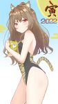  1girl 2022 absurdres aisaka_taiga animal_ears animal_print breasts brown_eyes brown_hair chinese_zodiac commentary_request cowboy_shot highres leotard long_hair looking_at_viewer palmtop_tiger sakurai_nana_(moshichi) small_breasts standing strapless strapless_leotard tail tiger tiger_ears tiger_print tiger_tail toradora! year_of_the_tiger 