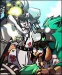  absurd_res anthro black_body black_fur black_hair bodily_fluids brown_body brown_fur canid canine canis cervid chain clothed clothing cosplay detailed_background domestic_dog duo ear_piercing fighting_pose freckles fur giovanna_(guilty_gear) glowing glowing_eyes green_body green_fur green_tongue grimmjow_ookami guilty_gear hair hi_res jack-o&#039;_valentine male male/male mammal no_pupils one_eye_closed piercing pink_tongue polarfoxpat pose rei_(guilty_gear) smile sue_lee surprise sweat tongue white_body white_fur wink 