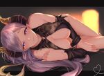  1girl bare_shoulders blush breasts cleavage demon_girl demon_horns demon_tail detached_sleeves half-closed_eyes highres honey_strap horns large_breasts long_hair looking_at_viewer lying mole mole_under_mouth mugi_maccha navel on_side pointy_ears purple_eyes purple_hair saionji_mary shiny shiny_hair smile solo tail virtual_youtuber 