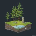  absurdres artist_name boulder cross-section diorama grass grey_background highres lily_pad nature no_humans path pixel_art rock scenery simon_hintermann tree water 