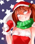  1girl alternate_costume bangs blush brown_eyes brown_hair christmas commentary_request dress fur_trim gloves gomio_(bb-k) green_scarf grin hair_between_eyes hat highres holding holding_sack kantai_collection red_dress red_gloves ryuujou_(kancolle) sack sanpaku santa_costume santa_hat scarf simple_background sketch smile solo star_(symbol) starry_background strapless strapless_dress twintails upper_body 