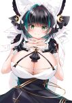  1girl absurdres animal_ears aqua_hair azur_lane black_hair breasts cat_ears catnnn cheshire_(azur_lane) cleavage dress fake_animal_ears frilled_hairband frills green_eyes hairband highres huge_breasts looking_at_viewer medium_hair multicolored_hair purple_dress simple_background solo streaked_hair two-tone_hair upper_body white_background wrist_cuffs 