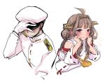  1boy 1girl absurdres admiral_(kancolle) ahoge blush brown_hair detached_sleeves double_bun epaulettes gloves hairband hat headgear highres japanese_clothes kantai_collection kongou_(kancolle) kongou_kai_ni_(kancolle) long_hair lr_hijikata military military_uniform naval_uniform nontraditional_miko peaked_cap purple_eyes ribbon-trimmed_sleeves ribbon_trim uniform white_gloves white_headwear 