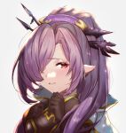  1girl absurdres armor arms_up black_gloves breasts cape close-up closed_mouth embarrassed gloves granblue_fantasy hair_ornament hair_stick harvin highres light_blush long_hair looking_at_viewer niyon_(granblue_fantasy) one_eye_covered pointy_ears ponytail purple_hair red_eyes samemogumogu small_breasts white_cape 
