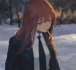  1girl artist_name black_jacket black_necktie blurry blurry_background chainsaw_man cigarette collared_shirt commentary dated day highres jacket long_hair makima_(chainsaw_man) necktie orange_eyes outdoors red_hair shirt smoking snow solo suit_jacket tree upper_body white_shirt xilmo 