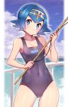  1girl bare_arms blue_eyes blue_hair blush breasts bright_pupils cloud commentary_request covered_navel cowboy_shot day fence fishing_rod freckles hairband highres holding holding_fishing_rod lana_(pokemon) looking_at_viewer no_sclera one-piece_swimsuit outdoors parted_lips pokemon pokemon_(game) pokemon_sm short_hair sky solo swimsuit water white_pupils yasu_suupatenin yellow_hairband 