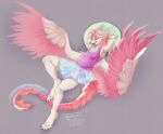  2022 absurd_res ambiguous_gender anthro asian_mythology bottomwear clothed clothing digital_media_(artwork) dragon ears_up east_asian_mythology eastern_dragon feathered_wings feathers fur hair hi_res horn looking_at_viewer lying mythology on_back open_mouth pillow pink_body pink_fur pink_hair pink_nose relaxing simple_background skirt smile smiling_at_viewer solo toony topwear wanderertamplior waveshine whiskers white_body white_fur wings 