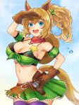  1girl :d absurdres animal_ears arm_up bandana bandeau bangs bare_shoulders belt bikini bikini_under_clothes blue_eyes blue_sky blush breasts brown_belt brown_gloves brown_hair cleavage commentary_request cowboy_shot day detached_sleeves eyebrows_visible_through_hair front-tie_top gloves green_skirt hair_between_eyes hair_ornament highres horse_ears horse_tail large_breasts long_hair looking_at_viewer midriff miniskirt navel outdoors partial_commentary ponytail purple_legwear short_sleeves skirt skirt_set sky smile solo sparkle standing star_(symbol) star_hair_ornament stomach strapless swimsuit taiki_shuttle_(umamusume) tail thighhighs tube_top umamusume yui_(yuyu_ayame) zettai_ryouiki 