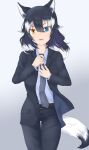  1girl animal_ears bangs belt black_hair black_pants black_suit blue_eyes brown_belt buttons collared_shirt commentary_request feet_out_of_frame formal gradient gradient_background grey_necktie grey_wolf_(kemono_friends) hair_between_eyes heterochromia highres kemono_friends long_hair maindo_(mindrmindr) multicolored_hair nail_polish necktie necktie_grab neckwear_grab open_mouth orange_eyes pants red_nails shirt smile solo standing streaked_hair suit suit_jacket tail v-shaped_eyebrows white_background white_hair white_shirt wolf_ears wolf_girl wolf_tail 
