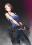  1girl 2021 black_background black_gloves black_pants blue_shirt breasts brown_hair cleavage closed_mouth collarbone dated dutch_angle fingerless_gloves gloves green_eyes gun handgun holding holding_gun holding_weapon holster jewelry jill_valentine medium_breasts miyai_sen pants pendant shiny shiny_hair shirt short_hair sleeveless sleeveless_shirt solo standing thigh_holster weapon 