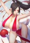  1girl absurdres armpits arms_up black_hair blush breasts cleavage closed_mouth fatal_fury gigantic_breasts highres long_hair looking_away mato_kuroi ponytail red_eyes shiranui_mai signature simple_background solo standing thighs 