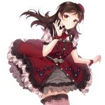  1girl bangs blush brown_hair closed_mouth cowboy_shot floating_hair grey_skirt hat highres holding idolmaster idolmaster_million_live! idolmaster_million_live!_theater_days kitazawa_shiho long_hair looking_at_viewer mini_hat miniskirt pink_legwear red_headwear shiny shiny_hair short_sleeves simple_background skirt smile solo standing swept_bangs thighhighs touon white_background wrist_cuffs yellow_eyes zettai_ryouiki 