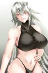  1girl bangs bare_arms black_bra black_panties bra breasts covered_nipples fate/grand_order fate_(series) green_hair grey_background grey_hair hand_on_hip highleg highleg_panties highres large_breasts long_hair looking_at_viewer messy_hair multicolored_hair nagao_kagetora_(fate) navel panties smirk tgxx3300 two-tone_hair underwear very_long_hair 