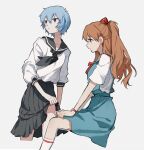  2girls ayanami_rei bangs black_neckerchief black_sailor_collar black_skirt blue_eyes blue_hair blue_skirt breasts closed_mouth clothes_lift collarbone cropped_legs dango_404 expressionless eyebrows_visible_through_hair feet_out_of_frame hair_between_eyes hair_ornament hands_on_legs highres holding holding_clothes holding_skirt invisible_chair long_hair looking_ahead looking_to_the_side medium_breasts miniskirt multiple_girls neckerchief neon_genesis_evangelion orange_hair outline pleated_skirt profile red_eyes red_neckerchief sailor_collar school_uniform serafuku shirt short_hair short_sleeves simple_background single_horizontal_stripe sitting skirt skirt_lift sleeves_past_elbows socks souryuu_asuka_langley standing tied_hair tokyo-3_middle_school_uniform_(evangelion) watch white_background white_legwear white_outline white_shirt 