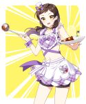  1girl :d apron bangs bike_shorts black_choker black_shorts border bow brown_hair choker collarbone contrapposto curry curry_rice floating_hair food hat hat_bow holding holding_plate idolmaster idolmaster_million_live! kitazawa_shiho long_hair midriff mini_hat miniskirt navel open_mouth outside_border plate purple_bow rice shiny shiny_hair short_shorts shorts shorts_under_skirt skirt sleeveless smile solo standing star_(symbol) star_choker stomach sweatdrop swept_bangs touon waist_apron white_apron white_border white_headwear wrist_cuffs yellow_background yellow_eyes 