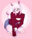  &lt;3 absurd_res affectionate anthro aoba_(flowofies) blush boilingbunn bottomwear cleavage_cutout clothed clothing hair heart_(marking) hi_res horn hotpants kneeling long_sleeves male mammal pink_body pink_hair rhinocerotoid shorts solo turtleneck 