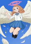  1girl angel_wings black_eyes blue_bow blue_bowtie blue_skirt blush bow bowtie brown_hair copyright_request flying_sweatdrops grin halo hand_up highres loafers looking_at_viewer miniskirt osame shirt shoes skirt smile solo waving white_shirt white_wings wings 