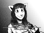  2022 80&#039;s_theme anthro bangs black_and_white canid canine canis carol_(hladilnik) domestic_dog english_text female hi_res hladilnik interview mammal microphone monochrome news solo text 