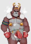  2021 anthro balls belly black_nose blush brown_body canid canine canis christmas clothing domestic_dog genitals gloves handwear hi_res holidays kemono male mammal moobs nipples overweight overweight_male solo ujishiyo 