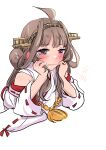  1girl absurdres ahoge blush brown_hair detached_sleeves double_bun hairband headgear highres japanese_clothes kantai_collection kongou_(kancolle) kongou_kai_ni_(kancolle) long_hair lr_hijikata nontraditional_miko purple_eyes ribbon-trimmed_sleeves ribbon_trim solo 