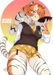  1girl 2022 :q animal_ear_fluff animal_ears animal_print arms_behind_back bangs black_hair blush bow breasts chinese_zodiac collared_shirt colored_inner_hair cup drink dutch_angle garter_straps gloves grey_hair hair_between_eyes hair_bow hand_up highres holding holding_cup japari_symbol kamuraaa_615 kemono_friends kneeling licking long_hair looking_at_viewer low-tied_long_hair medium_breasts microskirt multicolored_hair necktie orange_hair panties pantyshot plaid plaid_bow plaid_necktie plaid_skirt pleated_skirt print_gloves print_legwear sakazuki shirt siberian_tiger_(kemono_friends) skirt smile solo sweater_vest tail thighhighs tiger_ears tiger_girl tiger_print tiger_tail tongue tongue_out twintails underwear white_panties white_shirt wing_collar year_of_the_tiger yellow_eyes yellow_necktie yellow_skirt 