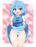  1girl bangs bare_legs blue_bow blue_eyes blue_hair blue_skirt blue_vest blush border bow bow_panties breasts cameltoe cleft_of_venus clothes_lift eyebrows_visible_through_hair hair_between_eyes heart heterochromia juliet_sleeves lifted_by_self long_sleeves looking_away medium_breasts open_mouth panties pink_background pink_heart puffy_sleeves pussy red_eyes rizento shirt short_hair skirt skirt_lift smile solo standing striped striped_background tatara_kogasa touhou underwear vest white_border white_panties white_shirt 