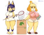  animal_crossing ankha_(animal_crossing) anthro big_breasts blush breasts camel_toe canid canine canis clothing domestic_cat domestic_dog dress duo felid feline felis female hi_res isabelle_(animal_crossing) mammal nintendo shih_tzu shirt simple_background startop tail_motion tailwag topwear toy_dog video_games white_background 