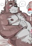  2021 after_masturbation anthro belly blush bodily_fluids canid canine canis domestic_dog genitals hi_res humanoid_genitalia humanoid_hands humanoid_penis kemono male mammal moobs nipples overweight overweight_male penis sex_toy sitting solo sweat ujishiyo 