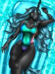  2022 absurd_res anthro arthropod black_body breasts changeling cleavage clothed clothing female flotation_device friendship_is_magic hasbro hi_res lidded_eyes my_little_pony mykegreywolf queen_chrysalis_(mlp) solo swimming_pool swimwear 