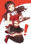  ! 1girl :d apron belt belt_buckle black_apron black_headwear black_legwear brown_hair buckle floating_hair full_body grey_skirt hat holding holding_plate idolmaster idolmaster_million_live! idolmaster_million_live!_theater_days kitazawa_shiho long_hair midriff miniskirt navel plate pleated_skirt red_background red_belt red_footwear red_shirt shiny shiny_hair shirt sketch skirt sleeveless sleeveless_shirt smile solo stomach thighhighs touon two-tone_background waist_apron white_background wrist_cuffs yellow_eyes zettai_ryouiki 