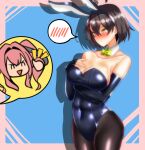  2girls ahoge animal_ears azur_lane baltimore_(azur_lane) black_legwear blue_background blue_leotard blush bow bowtie breasts bremerton_(azur_lane) brown_hair closed_eyes covered_navel detached_collar eyebrows_visible_through_hair fake_tail green_bow hair_between_eyes kaguya-san_(nantyu-erosada) large_breasts leotard multicolored_hair multiple_girls pantyhose pink_background pink_hair playboy_bunny rabbit_ears rabbit_tail short_hair strapless strapless_leotard streaked_hair tail twintails wrist_cuffs yellow_eyes 