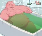  2022 anthro aqui bathing bathtub belly blush domestic_pig humanoid_hands kemono male mammal moobs navel nipples overweight overweight_male paqaaqap pink_body sitting solo suid suina sus_(pig) water 