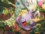  bicycle black_eyes blurry commentary_request flower flower_pot goomy ground_vehicle highres komori_(25nda01mo) leaf looking_to_the_side no_humans open_mouth pink_flower pokemon pokemon_(creature) solo tongue yellow_flower 